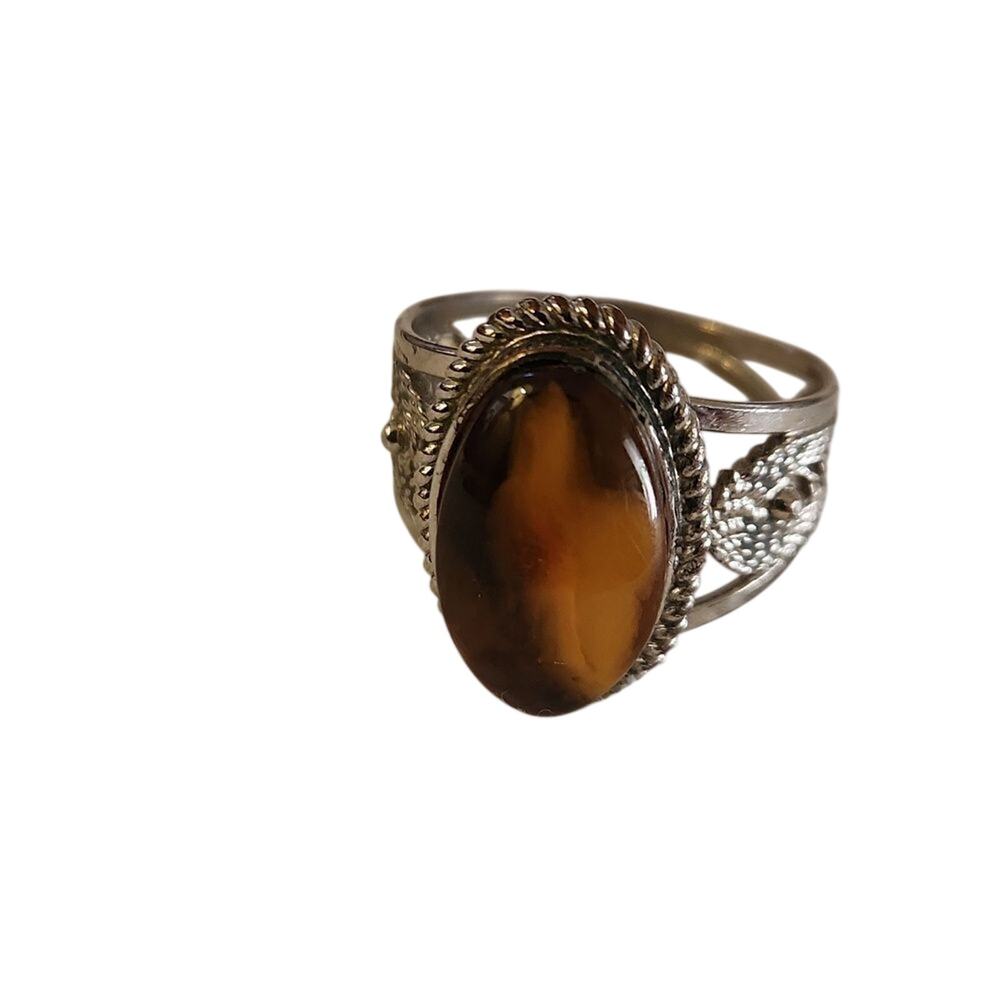 Authentic vintage Lithuanian amber ring size 9 Silvertone Setting